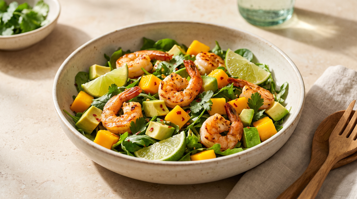 Insalata di mango, avocado e gamberi con rucola e lime