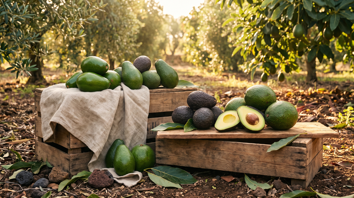 Avocado siciliani di varietà diverse su cassette di legno, uno tagliato a metà